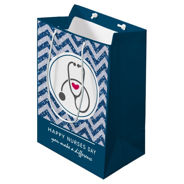 Happy Nurses Day Stethoscope on Blue Chevron Medium Gift Bag (Front Angled)