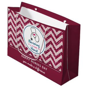 Happy Nurses Day Stethoscope on Red Chevron Large Gift Bag