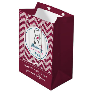 Happy Nurses Day Stethoscope on Red Chevron Medium Gift Bag