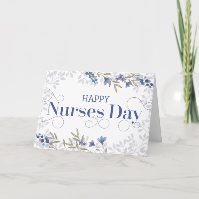 Happy Nurses Day - Swirly Text and Flowers - Blue Thank You Card (Front)
