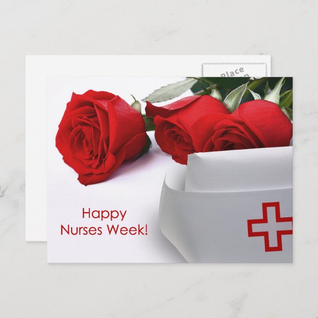 Happy Nurses Week. Red Roses and Nurse Cap Postcard (Front/Back)