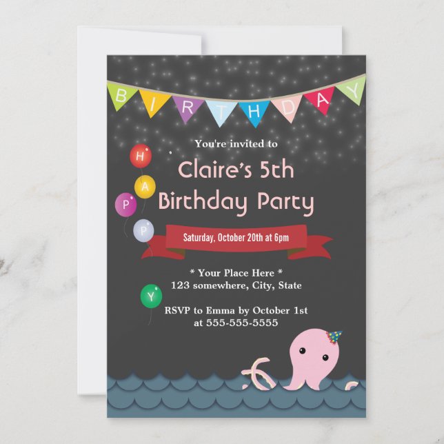 Happy Octopus Starry Night Birthday Invitations (Front)