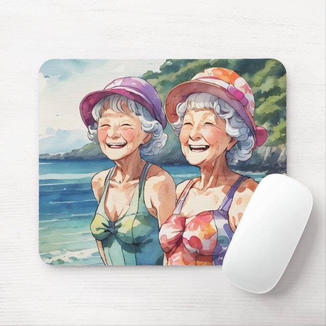 Happy Old Ladies On The Beach Mouse Mat (With Mouse)