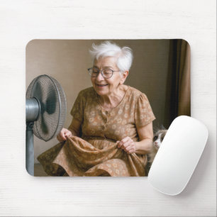 Happy Old Lady Cooling Off By a Fan Mouse Mat