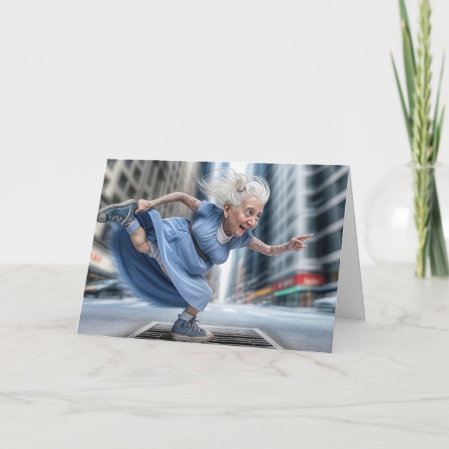 Happy Old Lady Dancing On a Street Vent Card (Front)