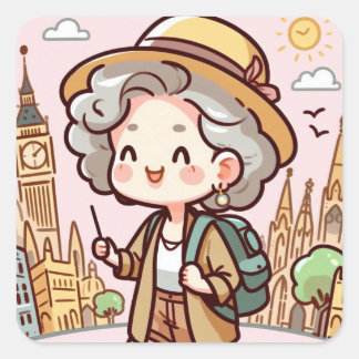 Happy older woman travelling the world square sticker