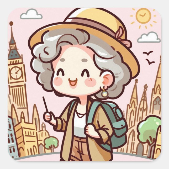 Happy older woman travelling the world square sticker (Front)
