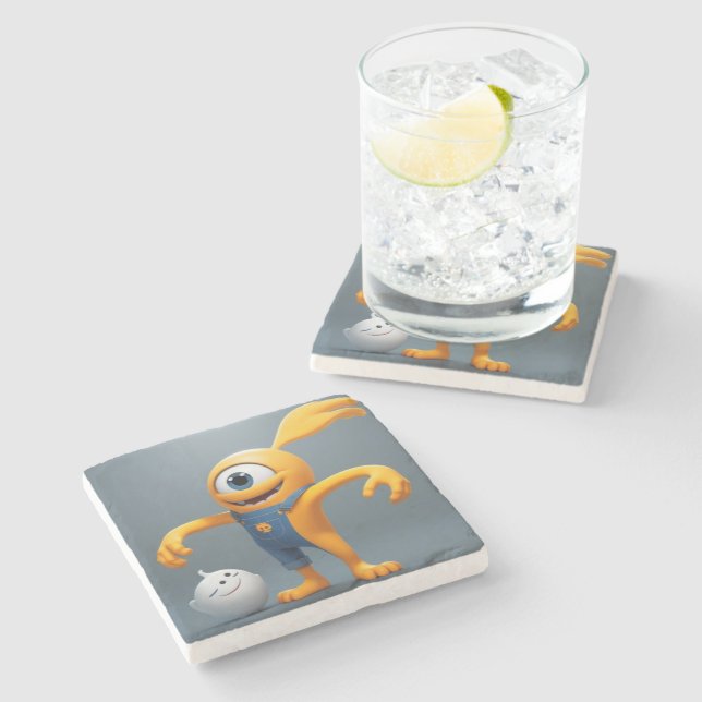 "Happy one-eyed monster with a friend of mine" Stone Coaster (Side)