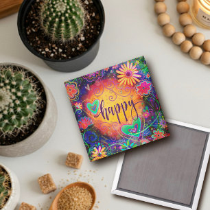 Happy ONE WORD Inspirivity Fun Floral Hearts Magnet