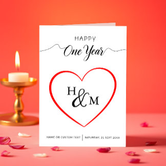 Happy One Year Elegant Monogram Heart Anniversary Card