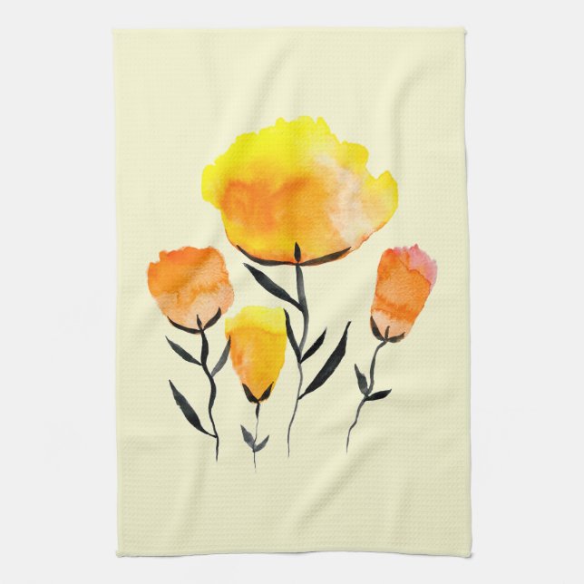 Happy orange and yellow flowers tea towel (Vertical)