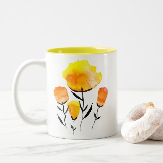 Happy orange and yellow flowers Two-Tone coffee mug (With Donut)