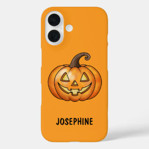Happy Orange Cartoon Pumpkin With Name Halloween iPhone 16 Case
