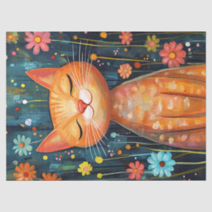 Happy Orange Cat Whimsical Flowers Decoupage Tissue Paper