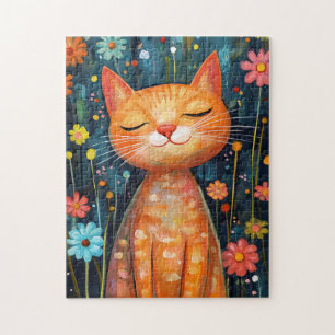 Happy Orange Cat Whimsical Flowers Jigsaw Puzzle