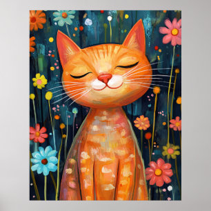Happy Orange Cat Whimsical Flowers Poster