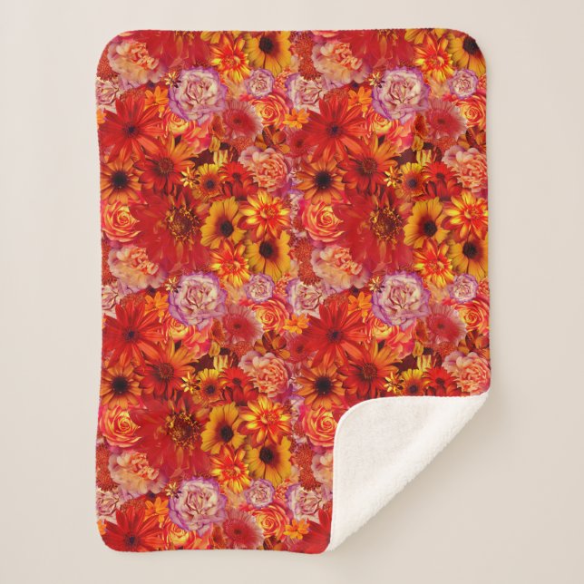 Happy Orange Flower Field Garden Sherpa Blanket (Front)