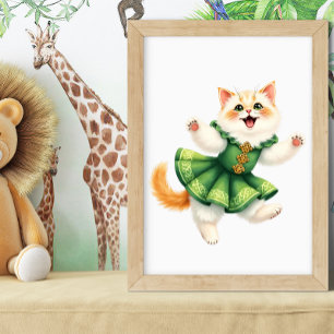 Happy Orange Kitten in Green Celtic Dress Dancing Poster