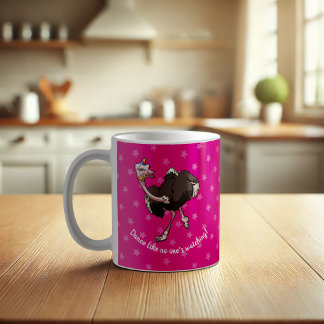 Happy Ostrich Dancing in Party Hat Cartoon Coffee Mug