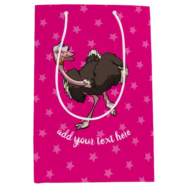 Happy Ostrich Dancing in Party Hat Cartoon Medium Gift Bag (Front)