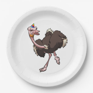 Happy Ostrich Dancing in Party Hat Cartoon Paper Plate