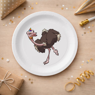 Happy Ostrich Dancing in Party Hat Cartoon Paper Plate