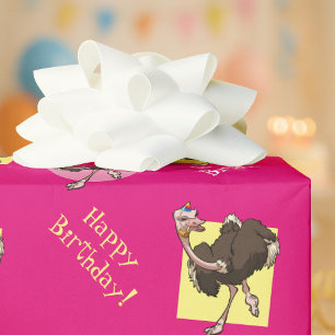 Happy Ostrich Dancing in Party Hat Cartoon Wrapping Paper