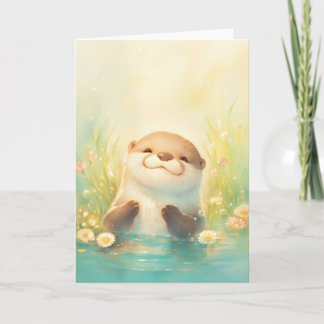 Happy Otter in a Tranquil Water Scene Card (Front)