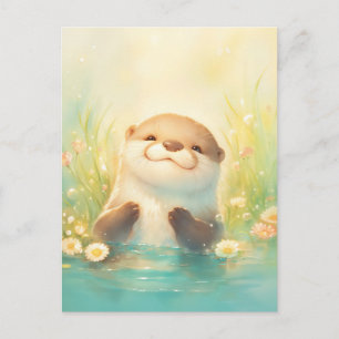 Happy Otter in Sunny Daisy Pond Postcard