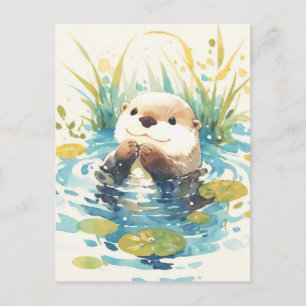 Happy Otter in Watercolor Lily Pond Postcard