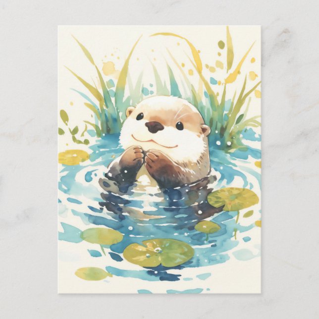 Happy Otter in Watercolor Lily Pond Postcard (Front)