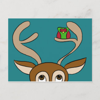 Happy Owl Finds Home with Reindeer Postcard