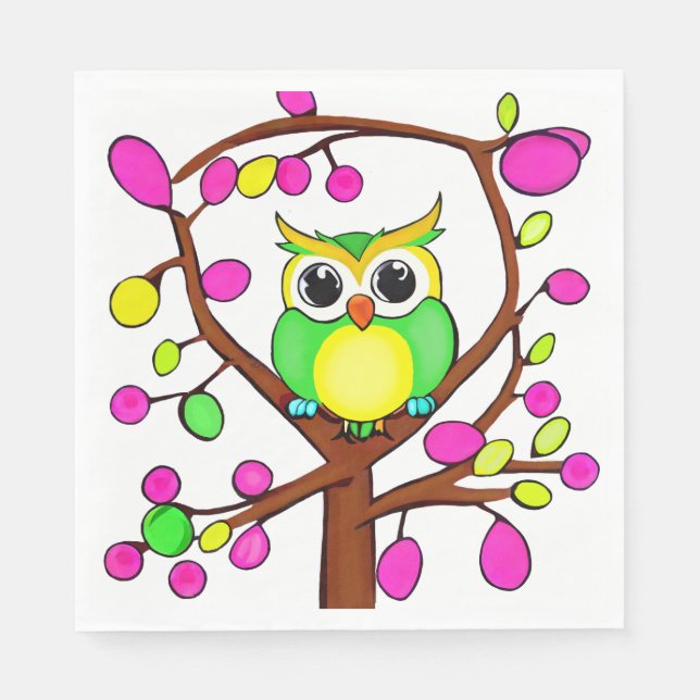 Happy owl in a multicolored tree napkin (Front)