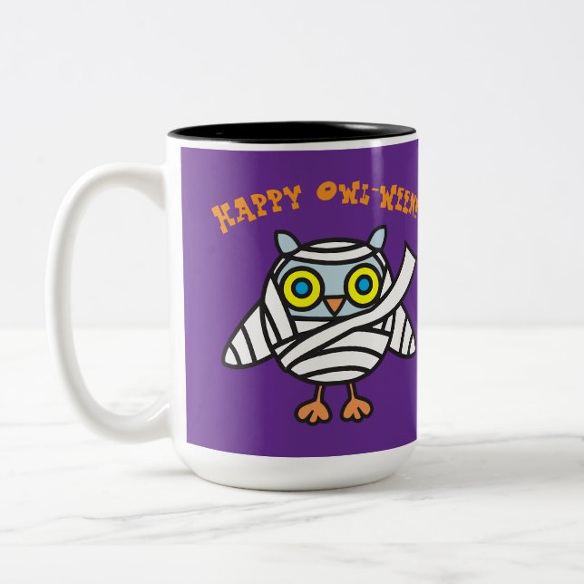 Happy Owl-Ween! Owl Mummy Halloween Coffee Mug (Left)
