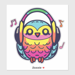 Happy Owl with headphones listening to music.