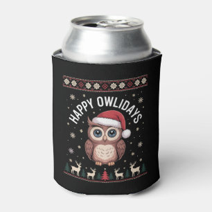Happy Owlidays Christmas Owl Santa Hat Reindeer Can Cooler