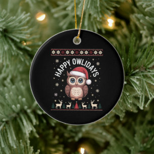 Happy Owlidays Christmas Owl Santa Hat Reindeer Ceramic Tree Decoration