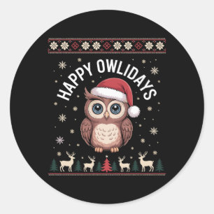 Happy Owlidays Christmas Owl Santa Hat Reindeer Classic Round Sticker