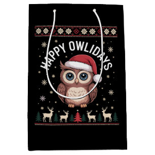 Happy Owlidays Christmas Owl Santa Hat Reindeer Medium Gift Bag