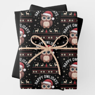 Happy Owlidays Christmas Owl Santa Hat Reindeer Wrapping Paper Sheet