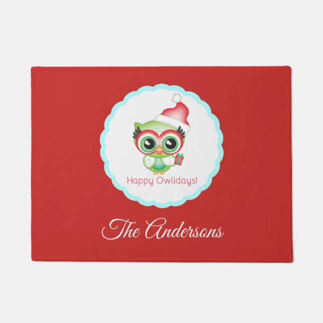 Happy Owlidays Christmas Santa Hat Holiday Owl Doormat (Front)