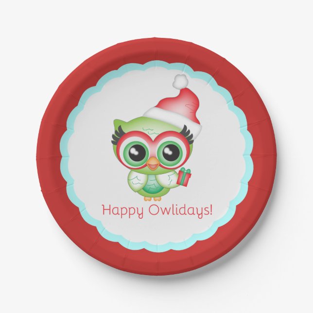 Happy Owlidays Christmas Santa Hat Holiday Owl Paper Plate (Front)