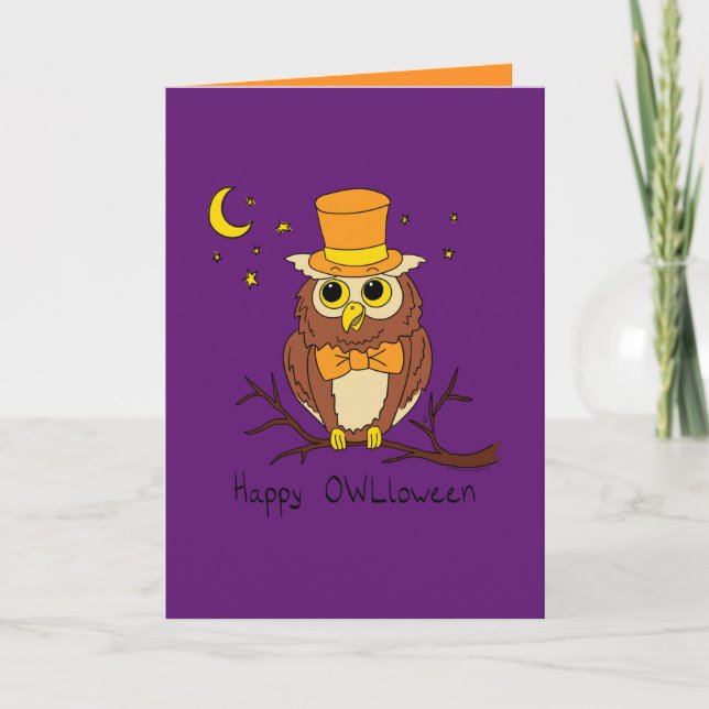 Happy Owloween - Funny Owl Halloween Greeting Card (Front)