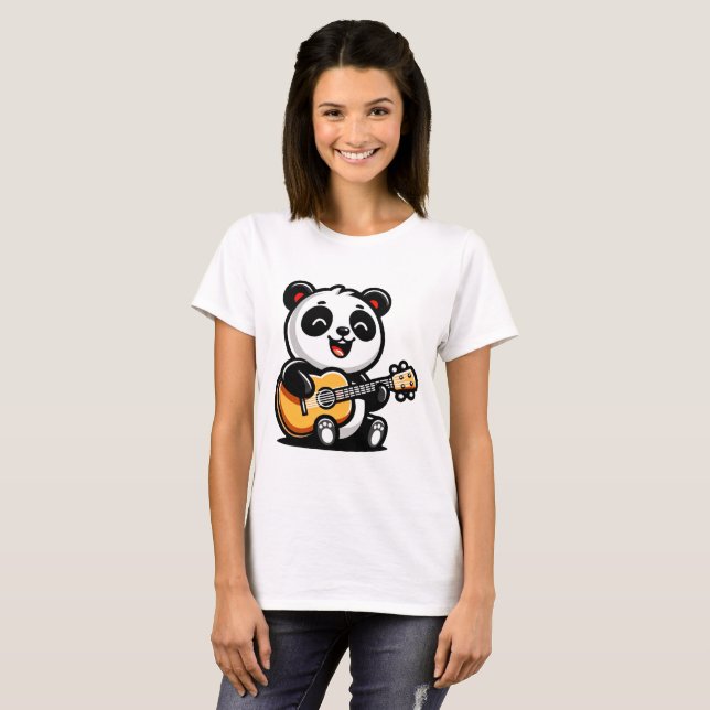 Happy Panda Guitarist - Cute Acoustic Music Design T-Shirt (Front Full)