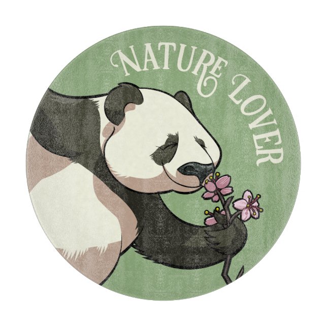 Happy Panda Smelling Blossom Nature Lover Cartoon Cutting Board (Front)