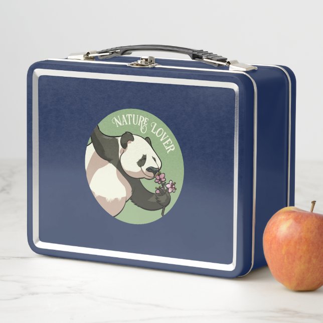 Happy Panda Smelling Blossom Nature Lover Cartoon Metal Lunch Box (In Situ)
