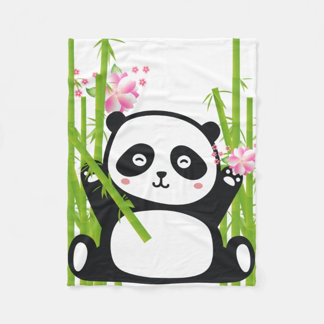 Happy Panda with Bamboo & Cherry Blossom Fleece Blanket (Front)