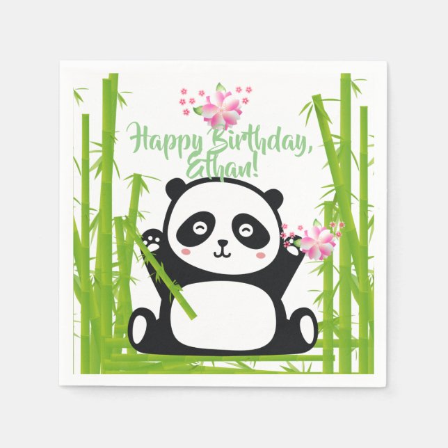 Happy Panda with Bamboo & Cherry Blossom  Napkin (Front)