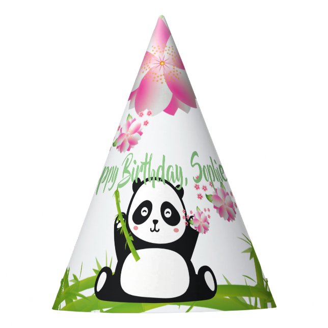 Happy Panda with Bamboo & Cherry Blossom Party Hat (Front)