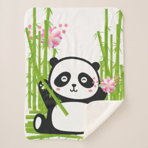 Happy Panda with Bamboo & Cherry Blossom Sherpa Blanket